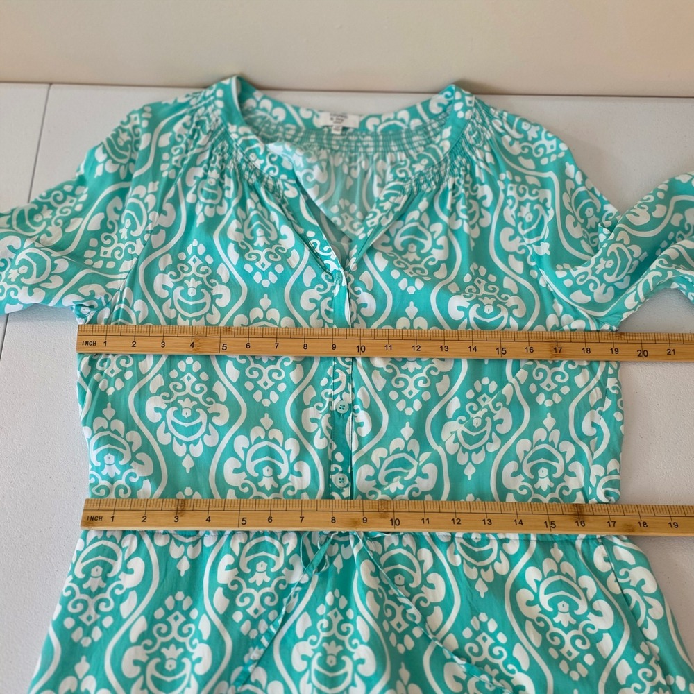Crown & Ivy Dress Womens 10P Turquoise White Damask Cotton 3/4 Sleeve Pockets - Picture 9 of 13